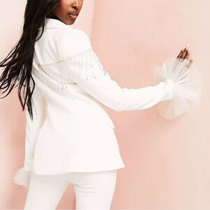 NWT ASOS LUXE Wedding Fitted Blazer with‎ Diamanté Fringing in White Size…